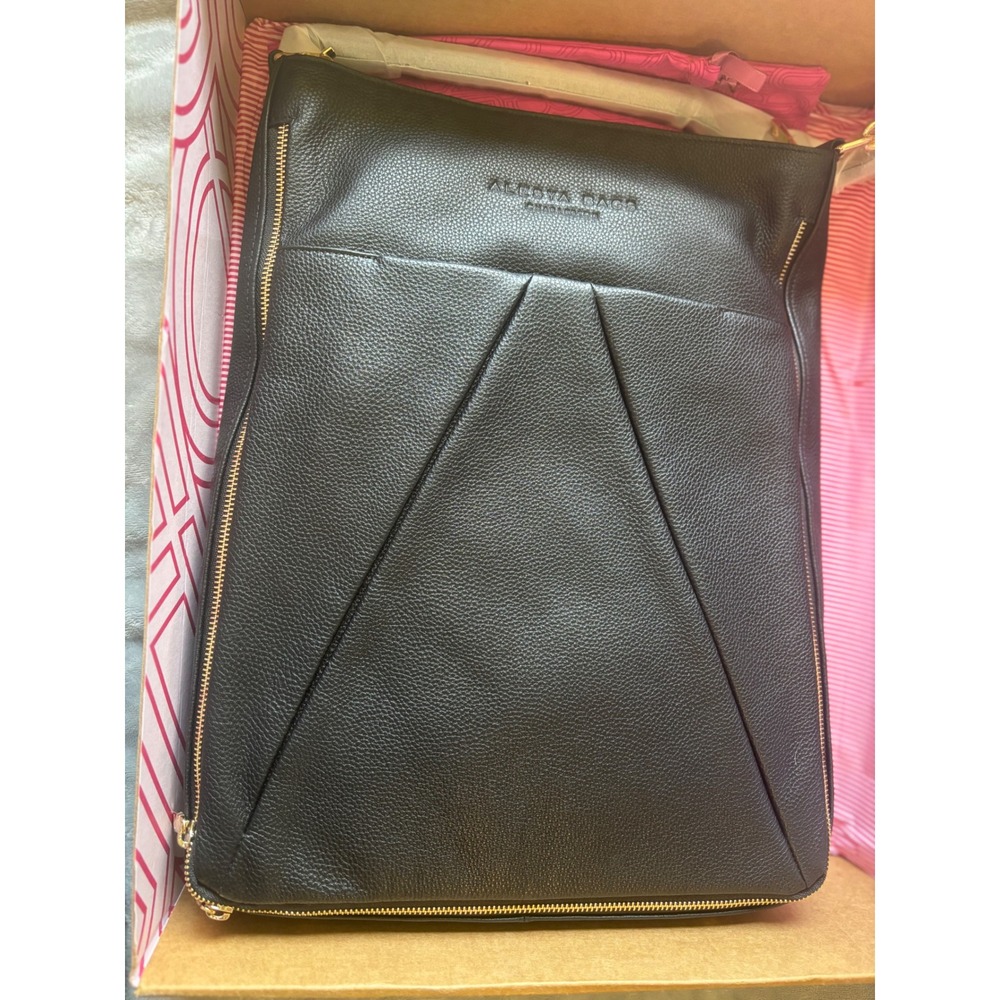 Alesya Bags Charleston Black Pebbled Leather Laptop Tote Bag Pink Lining